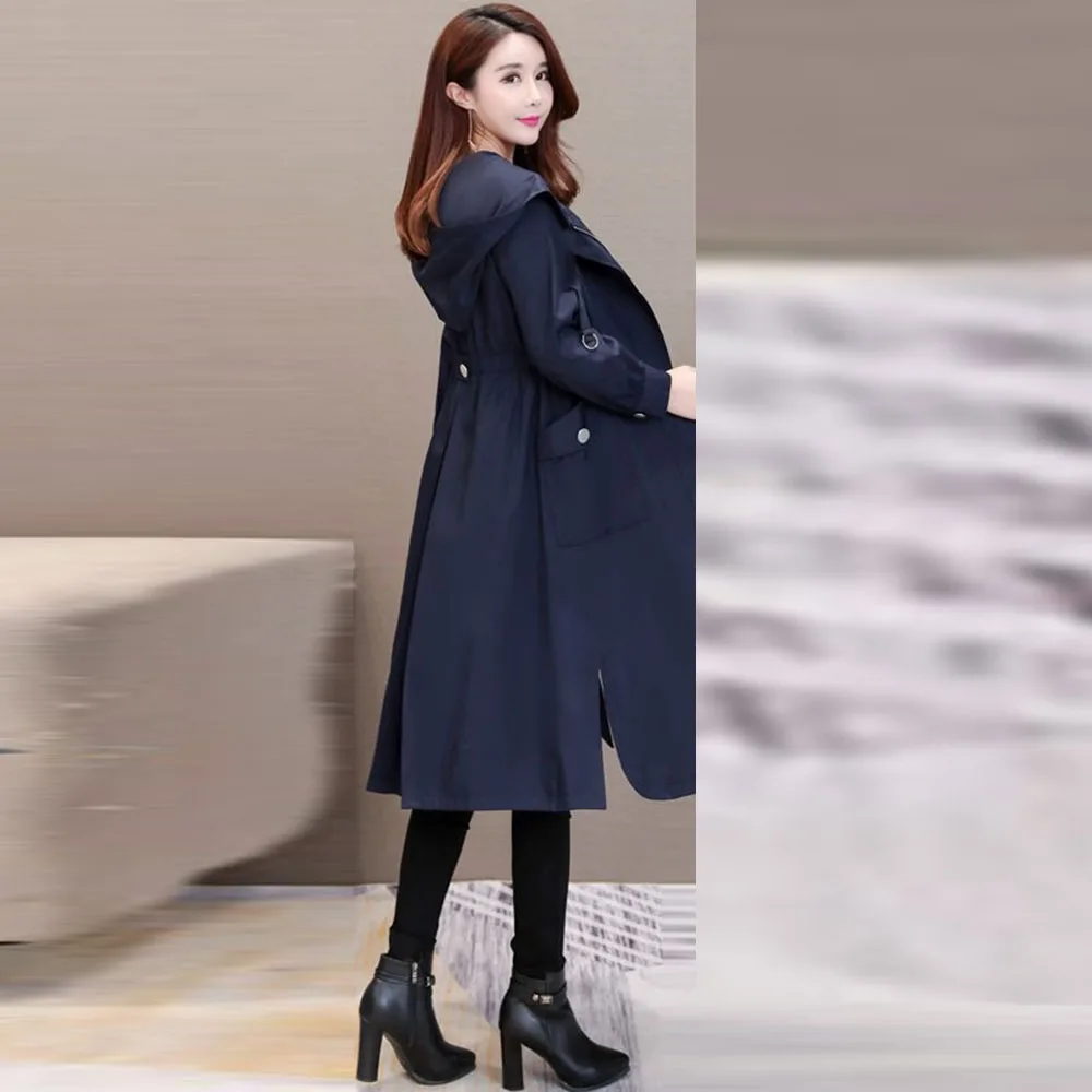 2019 Autumn Winter Women Trench Coat Long Windbreaker Europe America Fashion Slim Long Hooded Trench Outwear Femme Solid Color