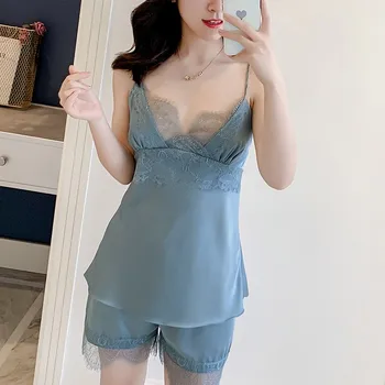

Suspender Pajamas Suit Women Sexy Lace Trim Sleepwear Set Birde Wedding Nightgown&Shorts Casual Sleeve V-neck Home Clothing