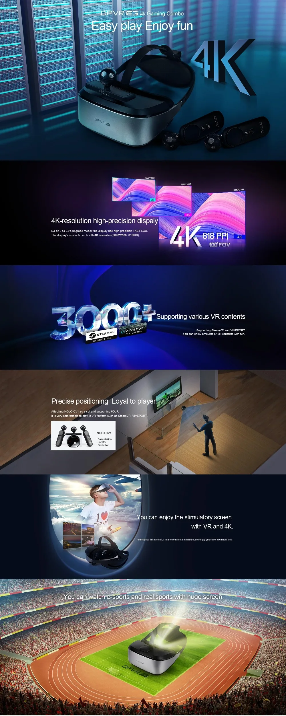 DeePoon E3 4K 3840*2160 гарнитура виртуальной реальности VR Гарнитура 3D VR очки для ПК игры с видео HD гигантский экран с NOLO CV1
