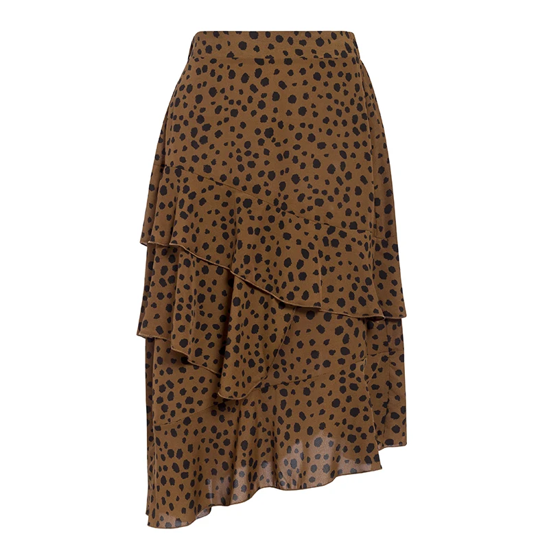 Sollinarry, леопардовые зимние юбки с высокой талией, модные женские осенние юбки с оборками, асимметричные элегантные облегающие миди юбки - Цвет: Коричневый