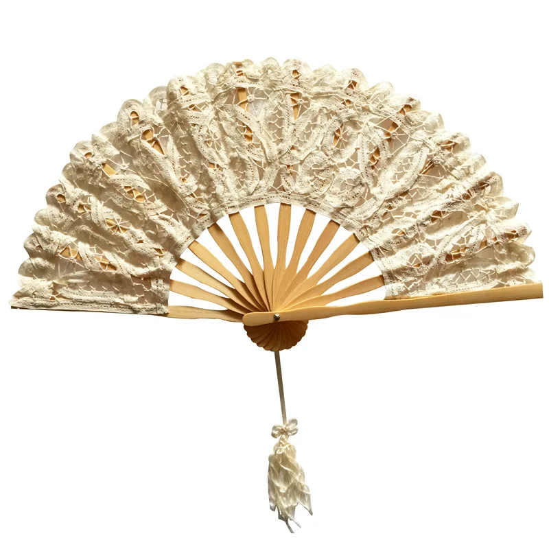 Wedding Handheld Fan European Fashion Embroidery Wedding Party Events Gifts Handmade Bamboo Cotton Fan Wedding Battenburg Lace Fan