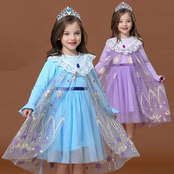 

Elsa Princess New Dress For Girls With Snowflake Print Tulle Cloak Kids Long Sleeves Elegant Costumes Snow Queen 2 Fancy Frocks