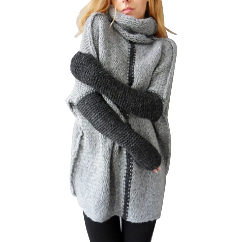MoneRiff, Европа и США, импортные товары, женский длинный свитер, пэчворк, высокий воротник, свободный, большой размер, пуловеры - Цвет: Gray
