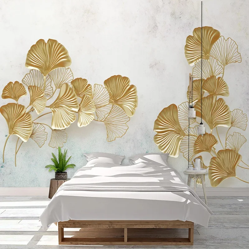 Personalizado Mural Papel de Parede Moderno 3d Dourado Ginkgo Folhas Pintura da Parede Sala de Estar Abstrata Adesivo Auto-adesivo Murais à Prova Impermeável Água