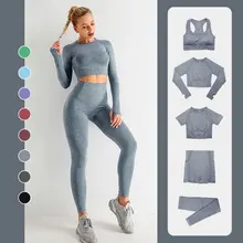 5 pçs sem costura conjunto de yoga ginásio fitness roupas de verão roupas de fitness manga longa colheita topo treino conjunto de ginástica