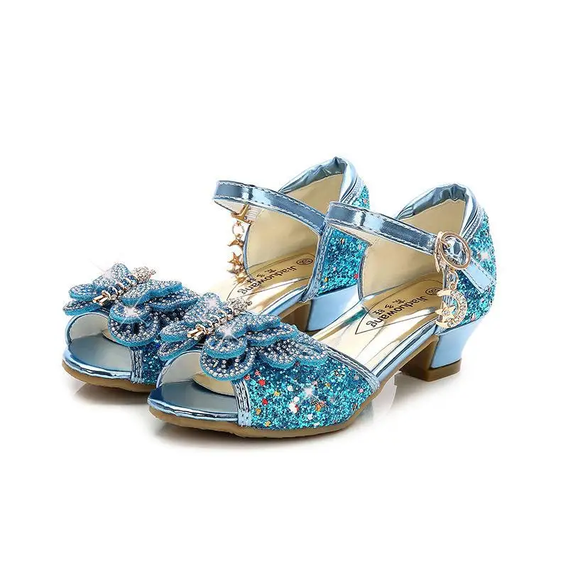 Children Sandals For Girls Weddings Girls Sandals Crystal High Heel Shoes Banquet Pink Gold Blue Glitter Leather Shoes Butterfly