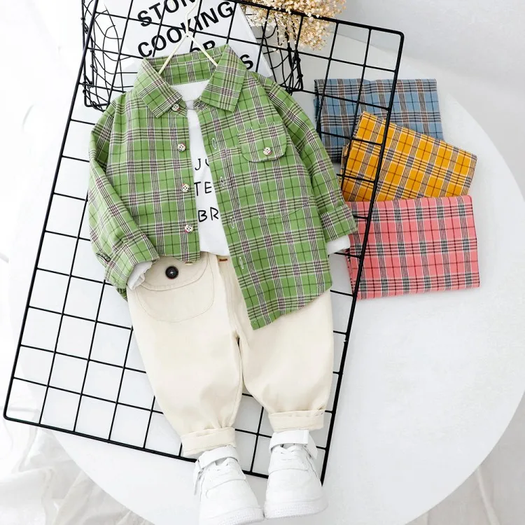 

2020 Spring Clothing New Style BOY'S Four Colors Plaid Long-sleeved Shirt + Beige Trousers Set Two-Piece Set