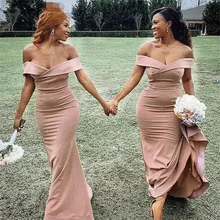 Simple Champagne Off The Shoulder Long Bridesmaid Dress 2022 Mermaid Soft Satin Bridal Party Gown Robe De Soirée De Mariage
