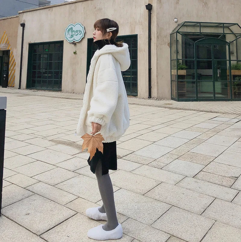 

2018 Autumn And Winter New Style Popular CHIC Lambs Wool Coat Student Loose-Fit Fluffy Hooded Coat F5643