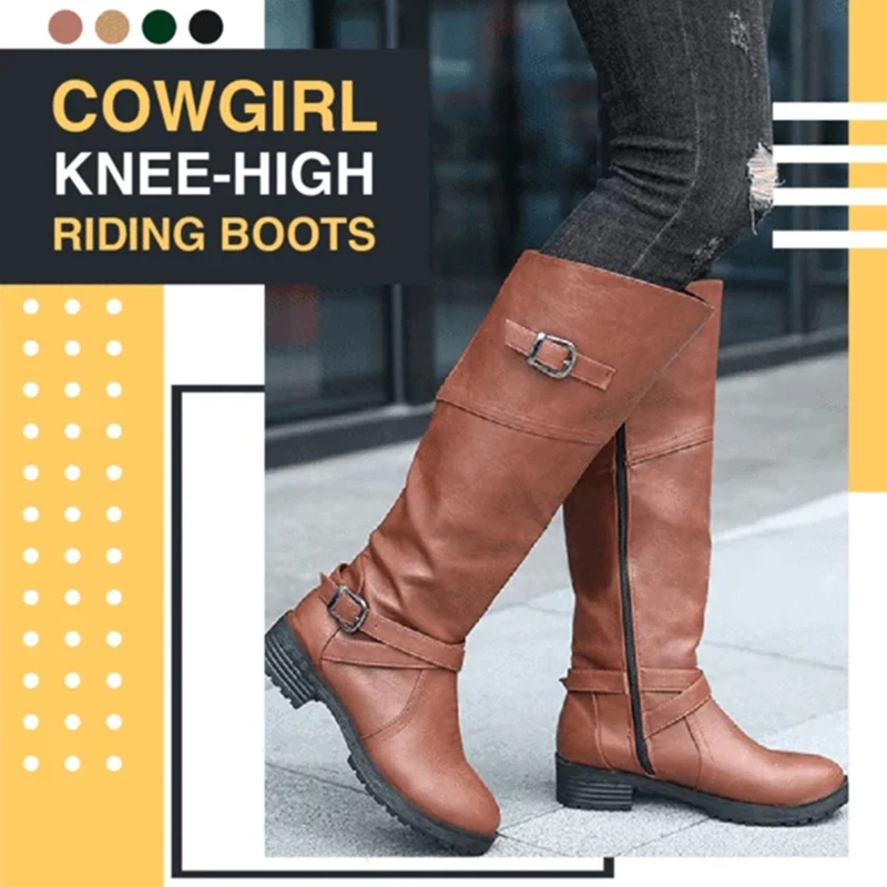 

Cowgirl Knee-High Riding Boots Women PU Leather Low Heel 2019 Autumn Winter Fashion Warm Coldproof Booties women shoes hh88