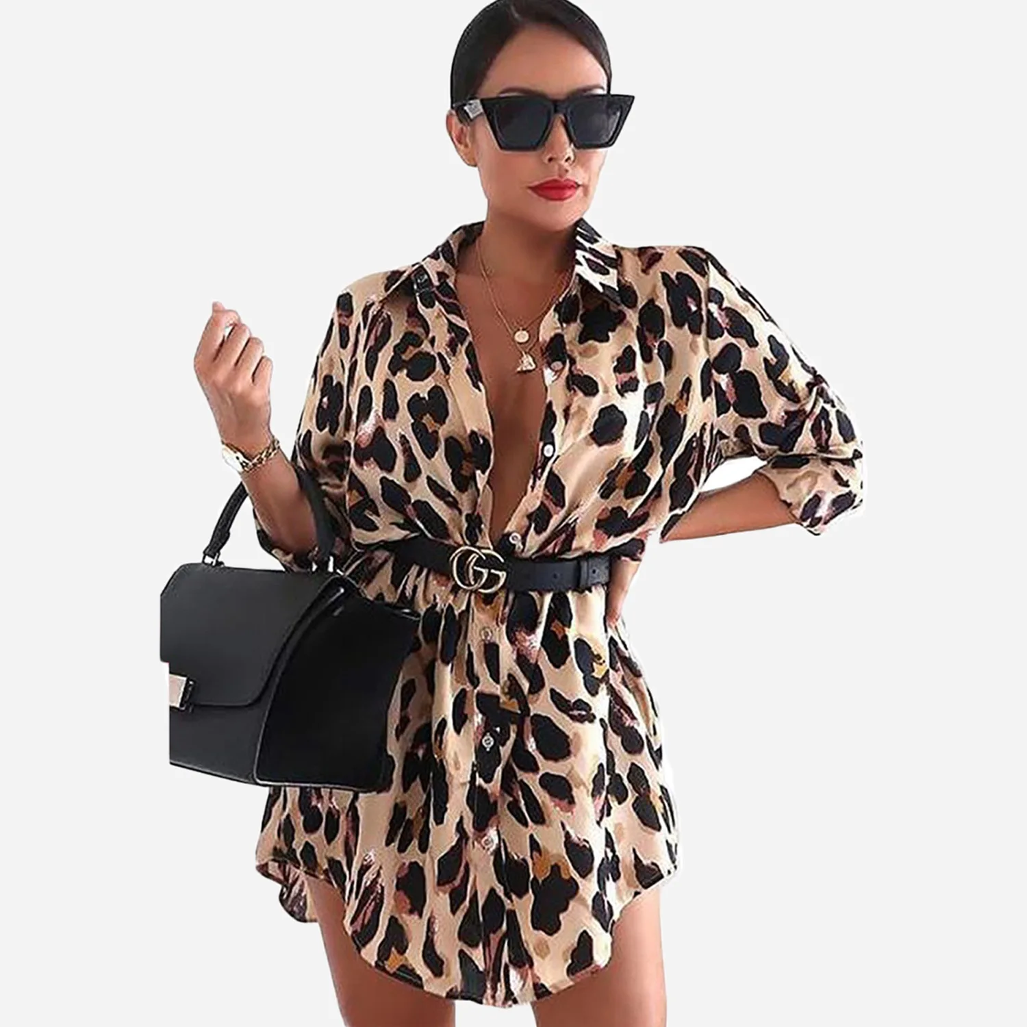 

Feminine Blouse Shirt Women's Spring And Autumn Fashion Temperament Leopard Print Sexy Skirt Working Mid-Length Street Style