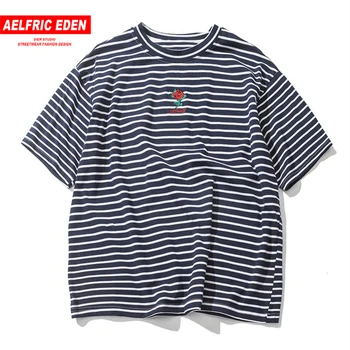 

Aelfric Eden Rose Embroidery Hip Hop Striped T Shirt Fashion Oversized Loose Short Sleeve Tshirt Summer Casual Cotton T-shirts