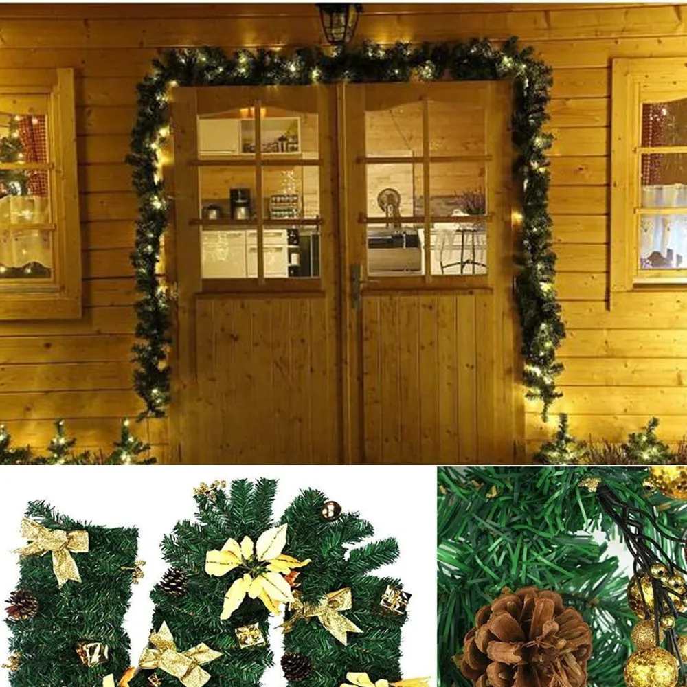 Светодиодный 2,7 м рождественские украшения, украшения для рождественской елки, гирлянда из ротанга, домашний настенный сосновый подвесной зеленый искусственный камин с венком, Декор