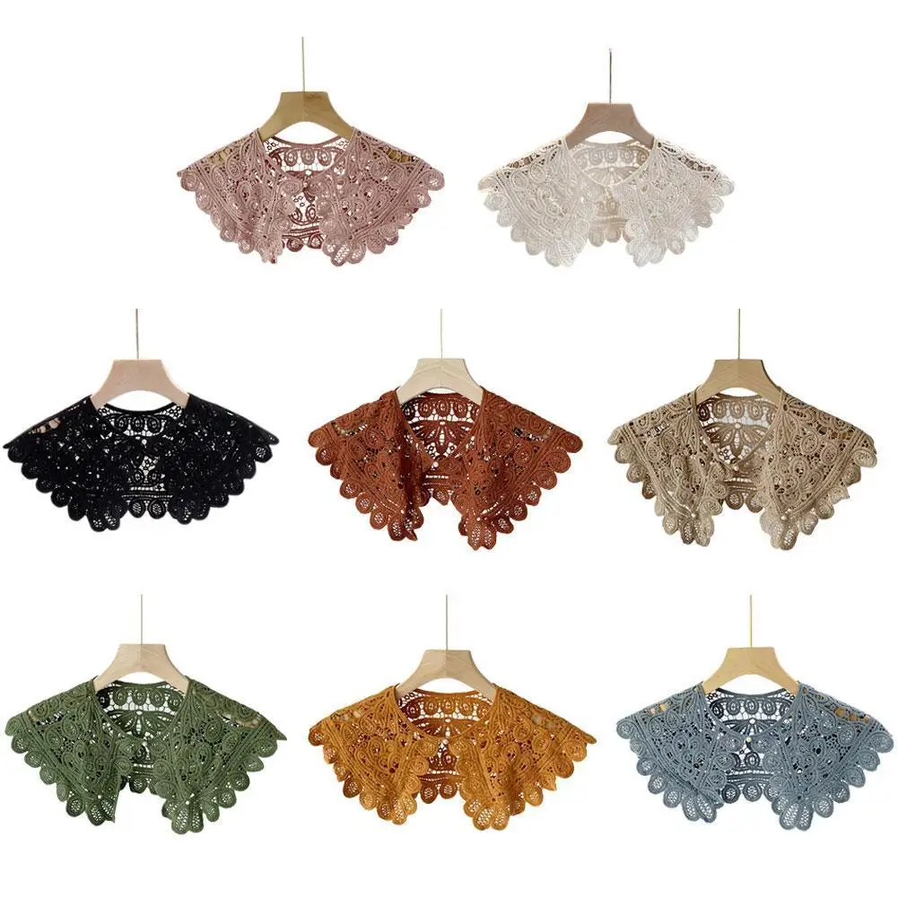 

Hollow Out Crochet Fake Collar For Women Floral Lace Capelet Big Shawl Button Short Solid Poncho Detachable Color P5K5