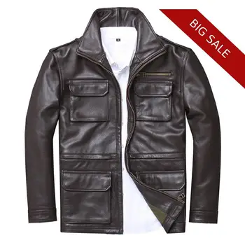 

2020 Brown Men Smart Casual Leather Jacket Four Pockets Plus Size XXXXL Genuine Cowhide Russian Autumn M65 Leather Coat