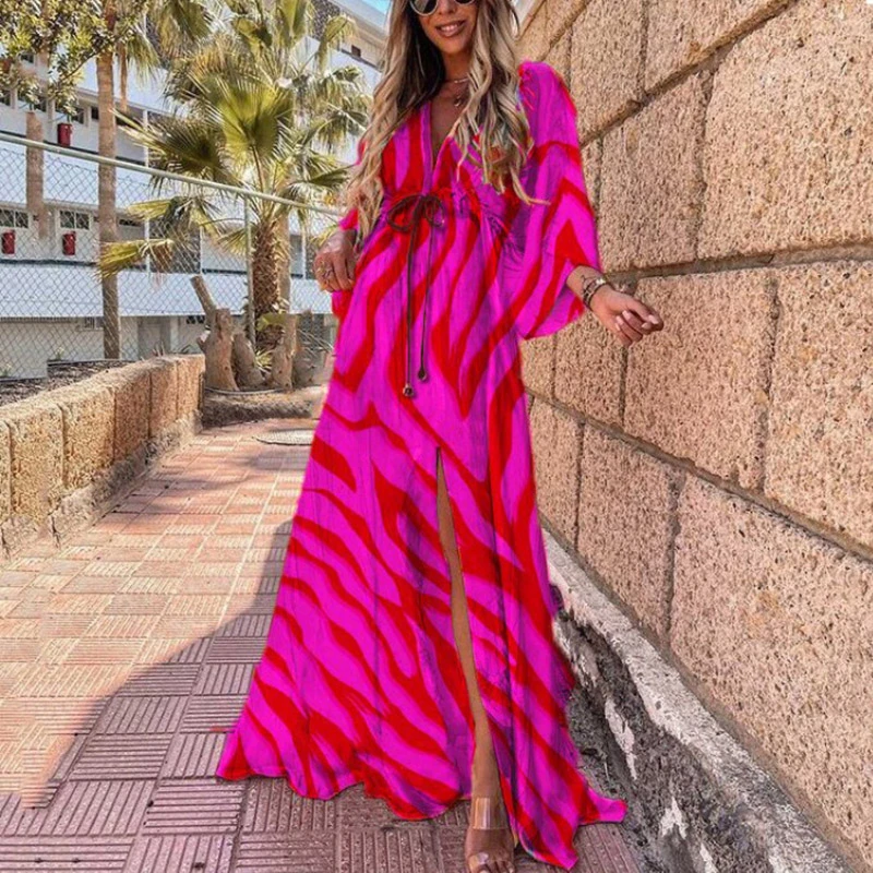 2021 Fashion Water Ripple Print Party Beach Wear Dresses Casual Loose Women Long Sleeve Long Beach Dress Summer Bandage Vestidos bathing suit bottom cover up