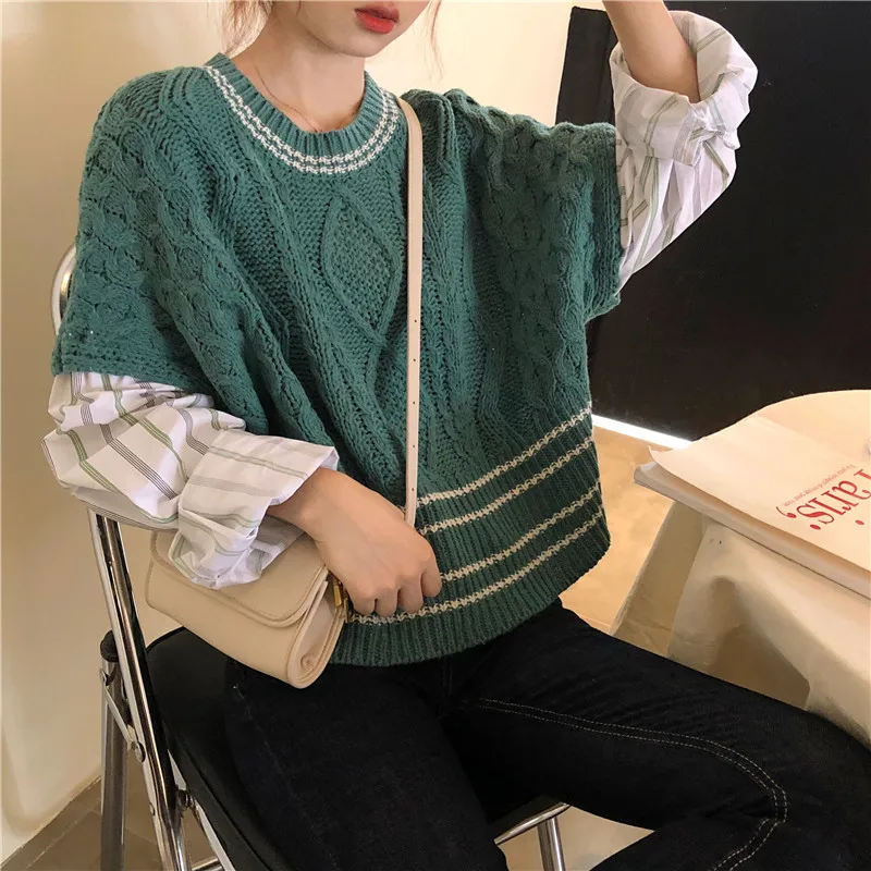 2020 Winter Fashion Harajuku Knit Sweater Korean Woman Pullover Patchwork Contrast Color Cropped Weater Fake Two Jumper Tops