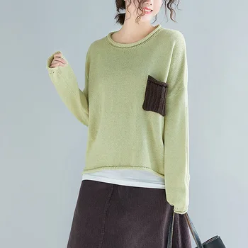 

Johnature Autumn 2020 New Pocket Pullover Women Knitted Sweater Casual O-neck Solid Color Simple Loose Korean Fashion Sweaters