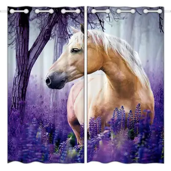 

Hommomh blackout curtains (2 panels) top buttonhole bedroom curtains Purple Lavender & White Horse