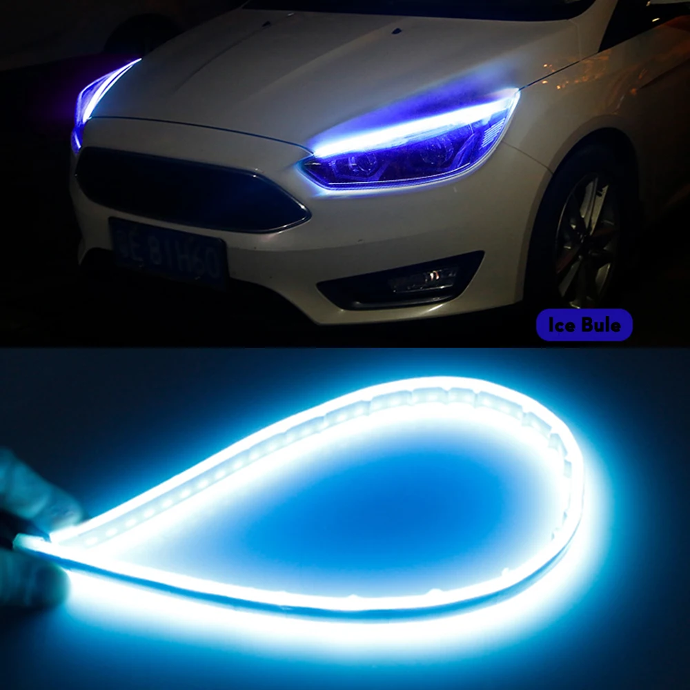 2x ультратонкие DRL светодиодный дневные ходовые огни динамический сигнал поворота желтая направляющая полоса для сборки фар автомобильные аксессуары
