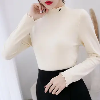 

2019Autumn New Korean Style Female Highneck Femme Elastic women tops