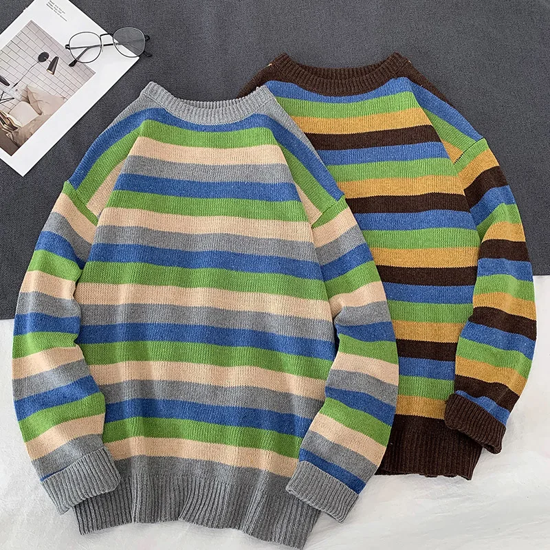 Autumn New Striped Sweater Men Fashion Contrast Color Casual Knit Sweaters Man Sweter Clothes Loose Long-sleeved Pullover Men