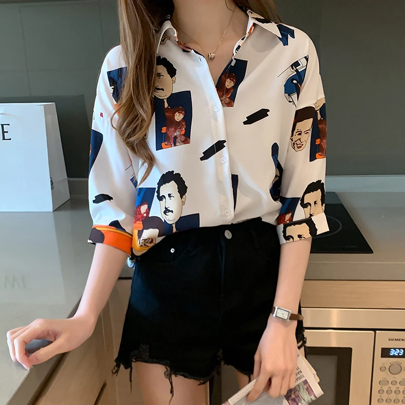 2020 Women Blouses Brand Excellent Quality Print Character White Shirt Women Cotton Casual Short Sleeve Summer Shirt Tops Lady
