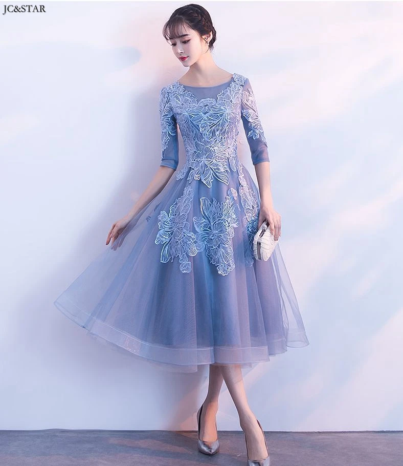 Vestidos de fiesta largos elegantes de gala boda Черпак шеи Кружева Половина рукава линия Серебряный Розовый пыльно-синий платье подружки невесты