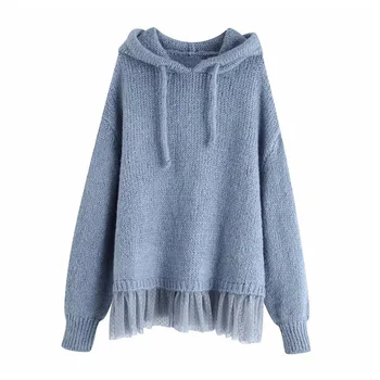 

Sweet Knitting Hooded Women Sweaters Mesh Patchwork Long Sleeve Pullovers Preppy Style Female Casual Chic Cute Tops