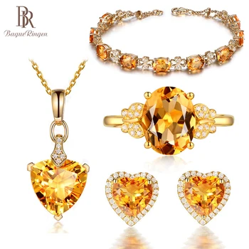 

Bague Ringen Citrine Jewelry Sets for Women Charms Silver 925 Jewelry Heart shaped Gemstone Ring Earrings Necklace Bracelet Gift