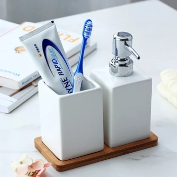 

NEWYEARNEW Ceramic Hand Washing Liquid Bottling with Cup Wood Pad Hotel Soap Dispenser Emulsion Bottle Bathroom Accessories