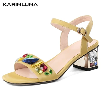 

Karinluna New Arrivals Genuine Leather Crytals Chunky Heels Elegant Summer Women Shoes Woman Skin Sandals