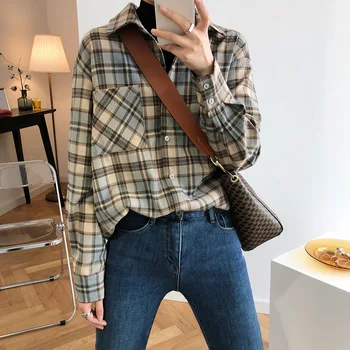 

Women's Plaid Shirt Autumn Winter Heavy Frosted Retro Hong Kong Style Long Sleeve Casual Thickening Blouse Coat 628