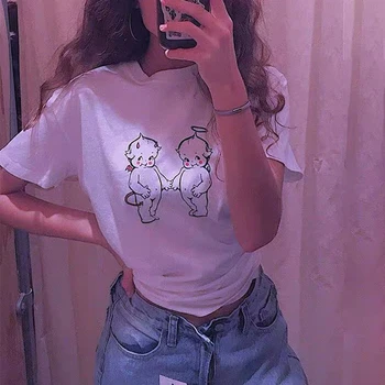 

MosiMolly Cute Print Cotton T shirts Women Tops for Women O-Neck Short Sleeve White top Tee Women Shirt Comfy 2020 Basic Tops