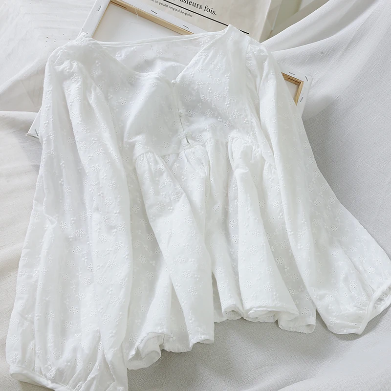Coton and linen женская блузка, однотонная повседневная с круглым вырезом, с рукавами-фонариками, свободного кроя, с оборками, женские элегантные рубашки, верхняя одежда, топы