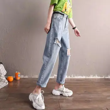 

Ripped Jeans Women High Waist Ankle-length Denim Pants New 2020 Fashion Korean Style Straight Loose Ladies Jean Pants P382
