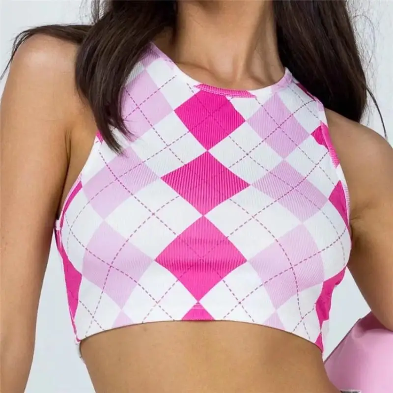 

2022 New Spring Crop Tops Women Sleeveless Sexy Plaid Printed O-Neck Tees Casual Slimming T Shirt Fashion Ladies Pink Tank Top