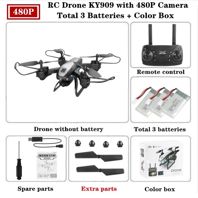 Радиоуправляемый Дрон KY909 с wifi FPV 4K HD камерой оптическое позиционирование потока держать парение Квадрокоптер складной вертолет игрушечный мини-Дрон - Цвет: Black 480P 3