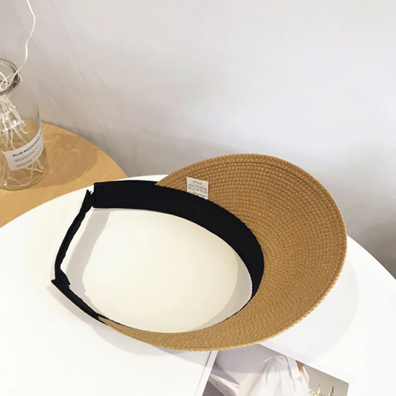 Summer Wear Woven Straw Hats Women Breathable Empty Top Casual Beach Visor Caps Wide Large Brim Hat Adjustable Foldable Sun Caps sun hat sun protection hat empty top hat