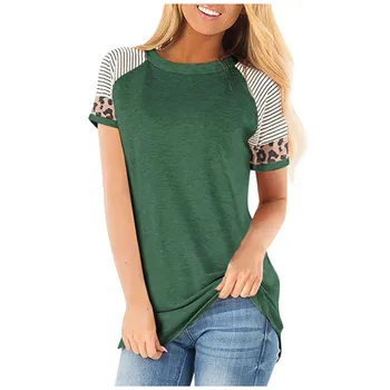 

2020 Spring Summer New Patchwork Short T-Shirts Women Leopard Striped Summer Tees Plus Size Round Neck Top Shirt Short Sleeve