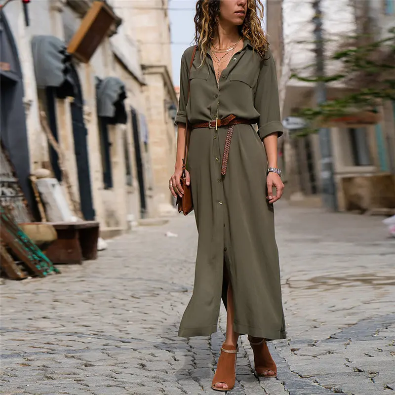 2020 New Autumn Winter Casual Shirt Dress Women Full Sleeve Turn Down Collar Solid | Женская одежда
