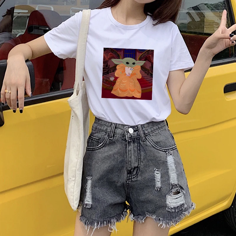 

Showtly Star Wars Tiny Baby Yoda Mandalorian Design Women T shirt New White Casual Clothes Plus Size Tee Tops