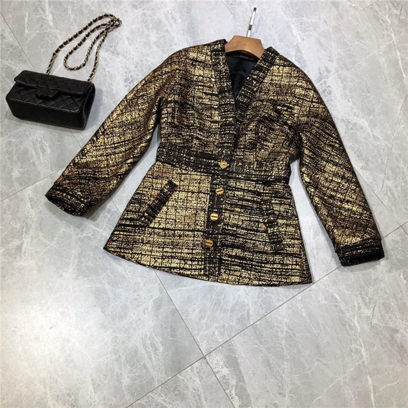 

Women's Fall 2019 Wool Twisted Soft Fabric Black Gold Large V-Collected Waist Suit Wool Coat