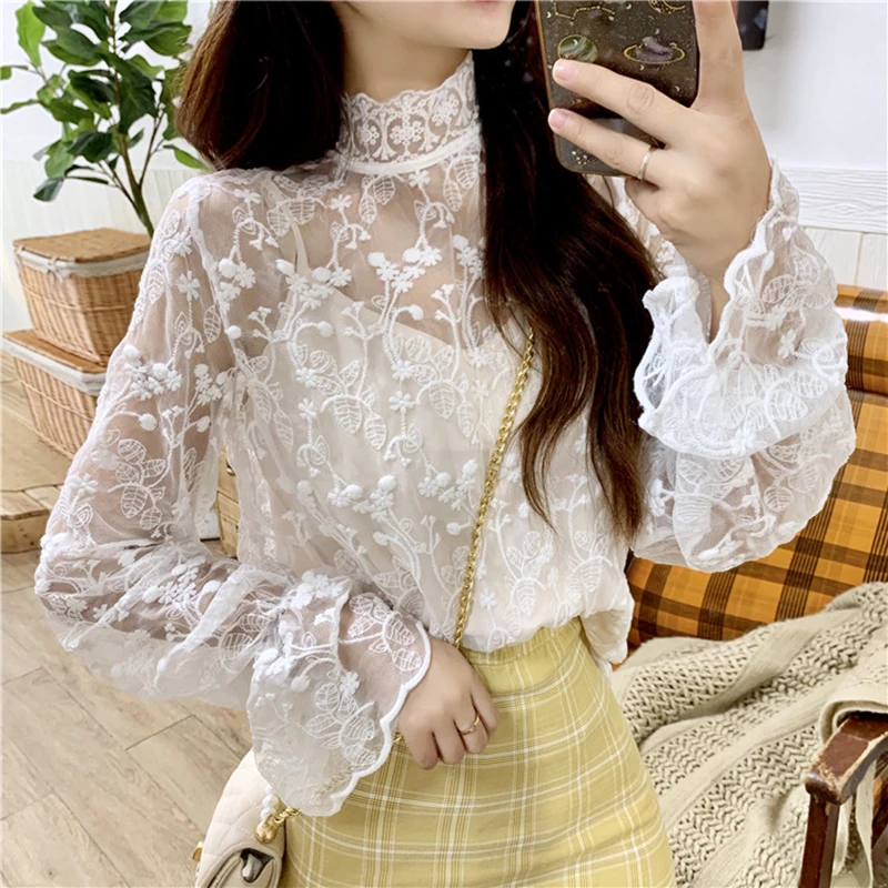 Женская однотонная шифоновая блузка с длинным рукавом Корейская водолазка