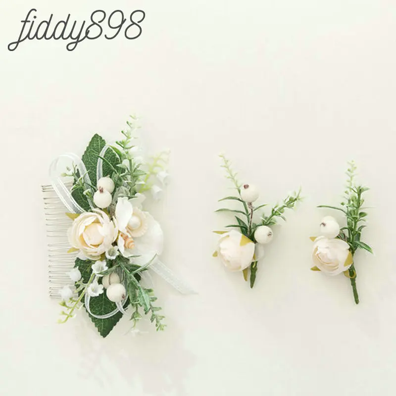 Bride Wedding Artificial Flower and Leaf Hair Comb and Boutonnieres Headwear Greenery Floral Headpiece Wedding Hair Accessories
