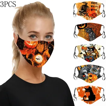 

3PCS Halloween Print Windproof Protective Washable Face Mask Washable Mouth Protective Mask For Adults Mascarilla reutilizable