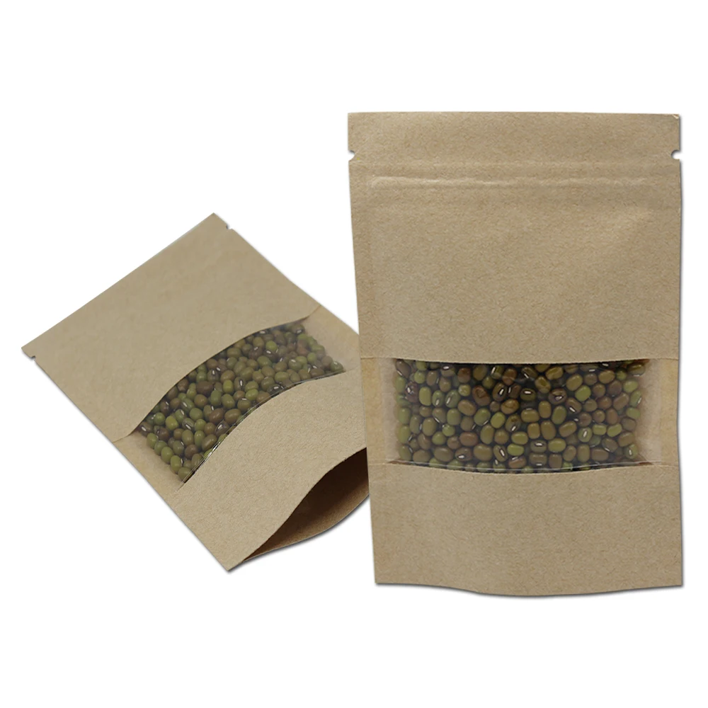 

300Pcs Party Favor Reusable Stand Up Zipper Bags Brown Kraft Paper Organizer Bags Transparent Window for Food Flower Tea Storage