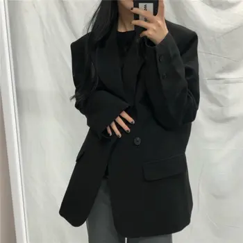 

HziriP New Style Loose Solid Elegant Retro Slender Office Lady Blazers 2020 New Notched Work Wear Tops Femme Women Blazer Coat