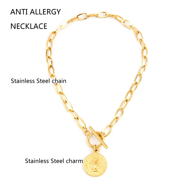 S.steel WOMEN coin penny Long T BAR CHOKER NECKLACE GOLD COLOR Toggle PENDANT NECKLACE collares de moda Boho Collier gift