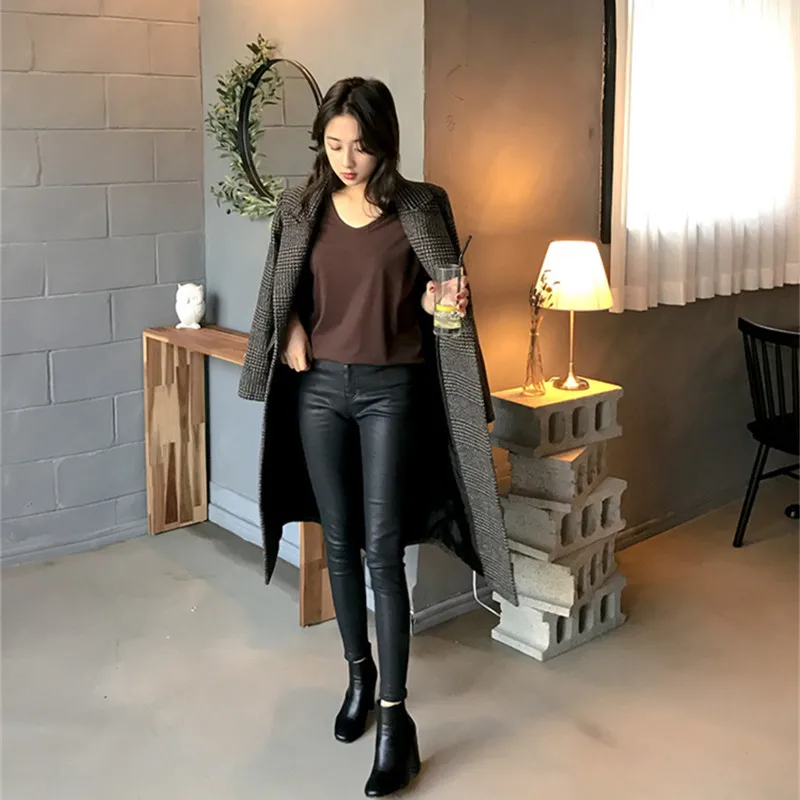 Photo Shoot Winter Korean-style Retro Thousands of Birds Suit Collar Overcoat Women's over-the-Knee Mid-length Slit-Back Woolen